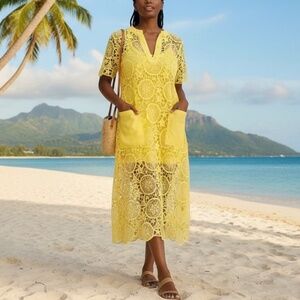 #A081  Nancy Romantic Yellow Lace Dress  Embroidered Sheer Overlay NWT L